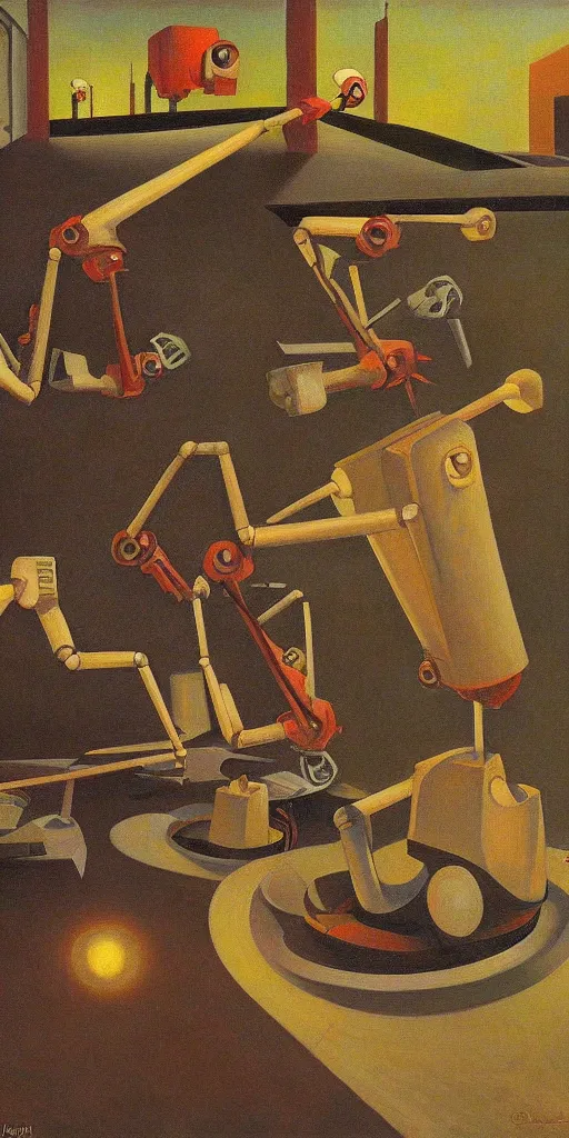 Prompt: robots falling down a deep shaft, grant wood, pj crook, edward hopper, oil on canvas