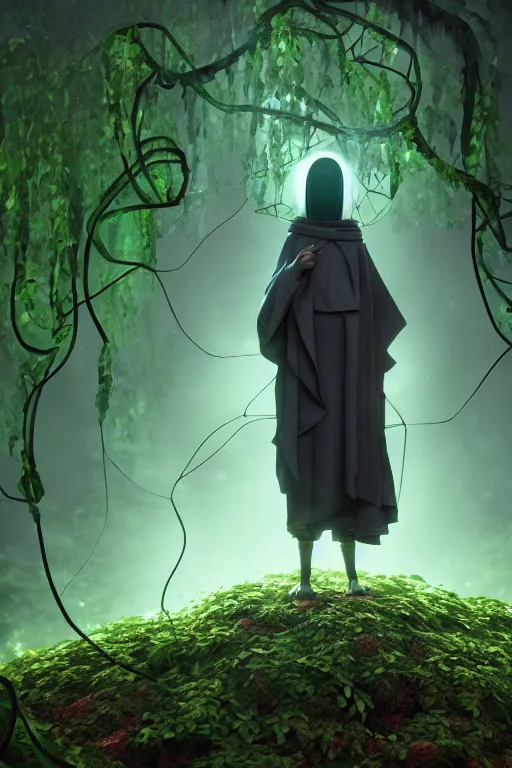 Prompt: A full body portrait of a cute shaman with no face, glowing eyes and a very long hooded dark green cloak of leaves and vines by Pixar, ominous, cosmic horror, stylized, Octane Render 4k