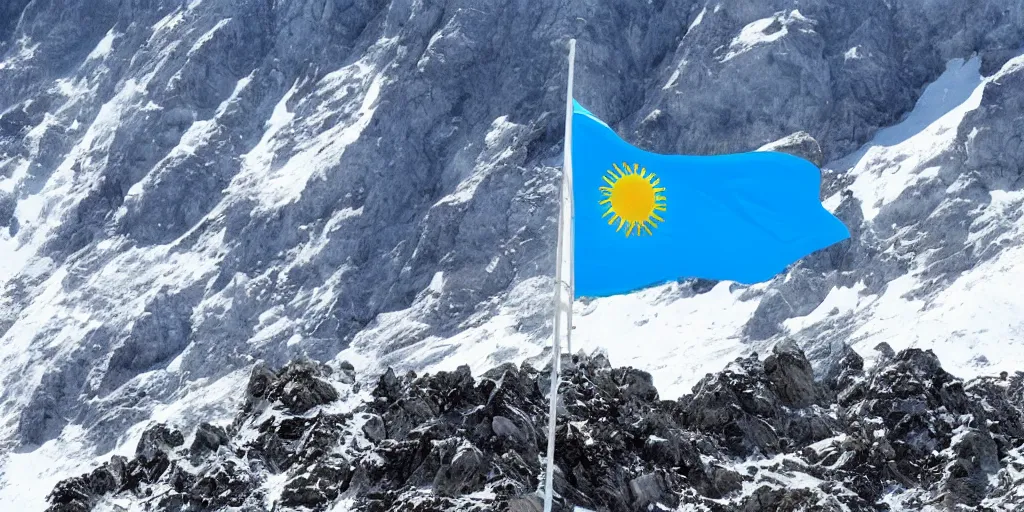 Prompt: flag of kazakhstan flying over mountain