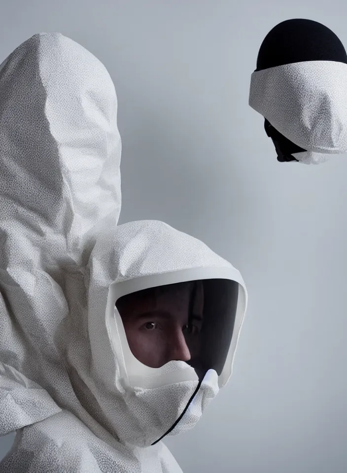 Prompt: an ultra high definition professional studio quality portrait photograph of a model wearing a pastel coloured mask visor and matching porous foam raincoat on white in a serene icelandic black rock environment. three point light. dramatic lighting. volumetric shadows. light rays