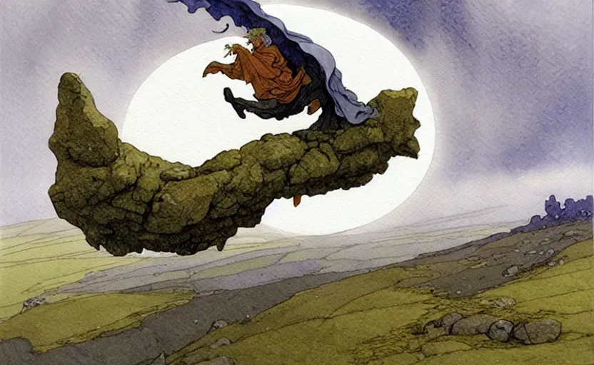 Image similar to a hyperrealist watercolour concept art of a flying rock. it is a misty night on the moors of ireland. by rebecca guay, michael kaluta, charles vess and jean moebius giraud