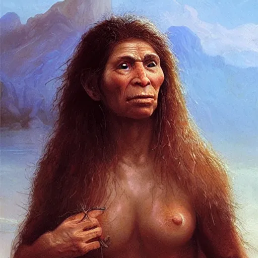 Image similar to portrait of a neanderthal woman ( 3 5 ) from spain, 5 0, 0 0 0 bce, an oil painting by ross tran and thomas kincade