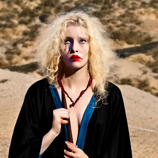 Prompt: a blonde woman in a black robe throwing up, a beautiful english woman with a long face narrow nose pale skin blue eyes red lips and wild messy tangles of curly white blonde hair, high resolution film still wearing a black robe and skull necklace and holding a spear, sandy, a journey to the west