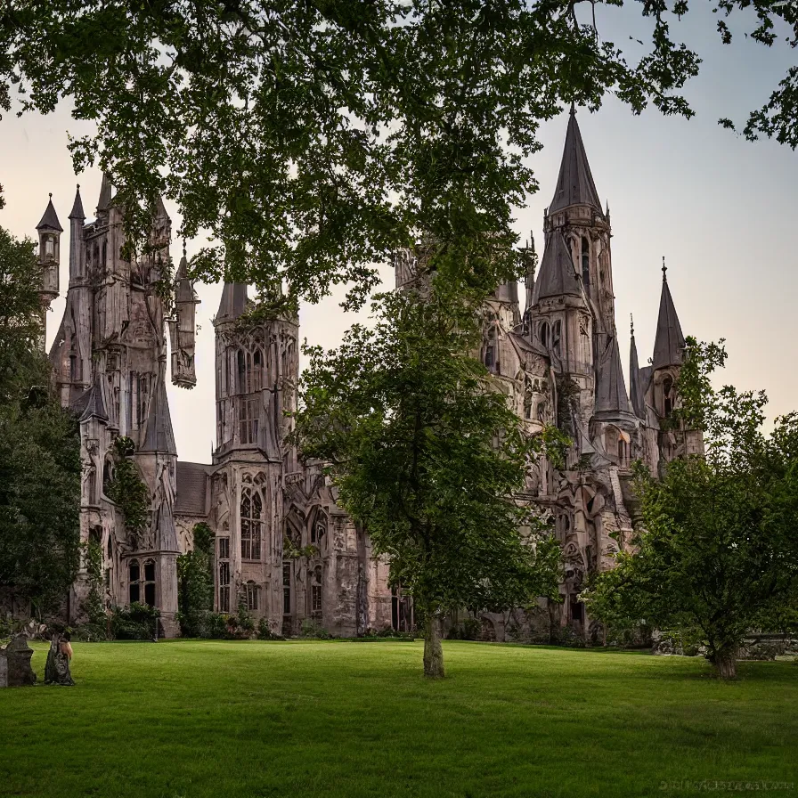 Image similar to a Tudor style village in the shadows of an enormous Gothic Revival architecture castle in a lovely meadow at dusk