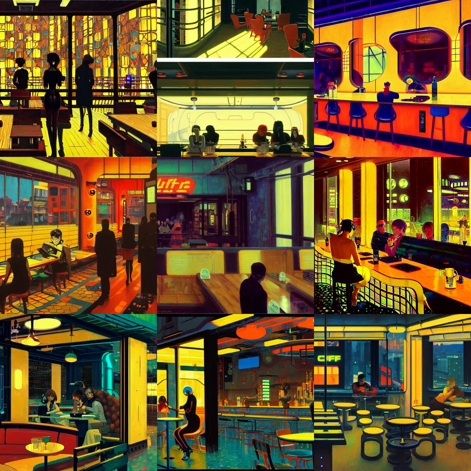 Image similar to A cyberpunk cafe painted by Ilya Kuvshinov and Gustav Klimt and Edward Hopper