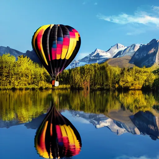 Image similar to photo of two black swans touching heads in a beautiful reflective mountain lake, a colorful hot air balloon is flying above reflecting off water, hot air balloon, intricate, 8k highly professionally detailed, centered, HDR, CGsociety