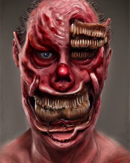 Image similar to Haunting horrifying detailed painting of a man made of sausages, rotten teeth and glowing red eyes, black eye shadow, hyper detailed, trending on Artstation