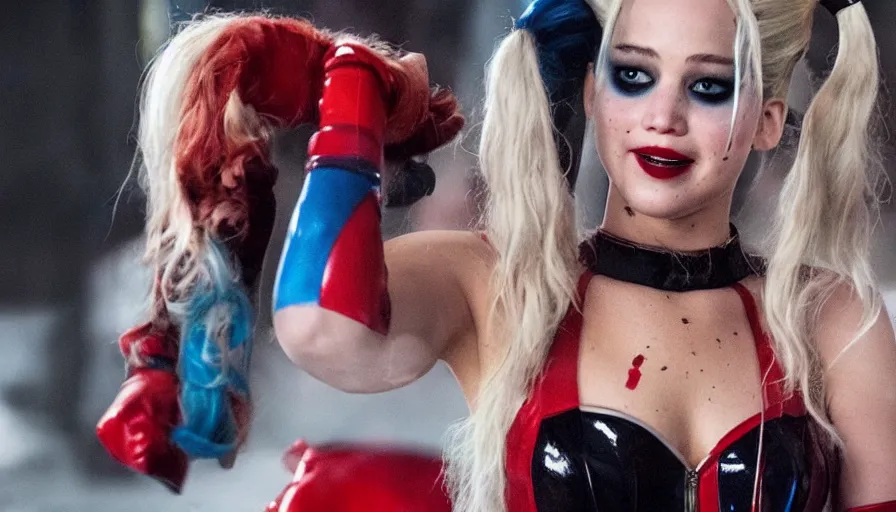 Image similar to beautiful jennifer lawrence as harley quinn, still from the dressing scene