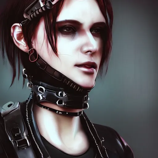 Image similar to detailed realistic cyberpunk female character cyberpunk wearing leather steel collar around neck, realistic, art, beautiful, 4K, collar, choker, collar around neck, punk, artstation, detailed, female, woman, choker, cyberpunk, neon, punk, collar, choker, collar around neck, thick collar, choker around neck, wearing choker, wearing collar,