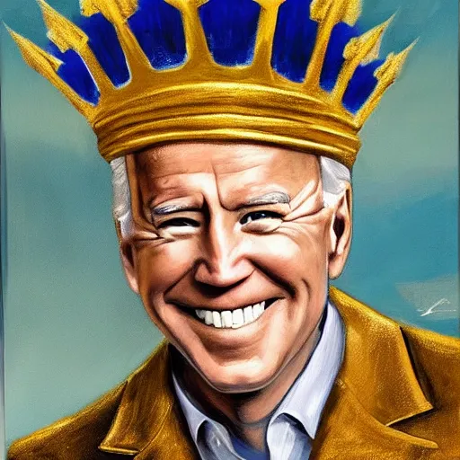 Prompt: a potrait of joe biden, he is wearing a golden crown, he is wearing a blue outfit with yellow stars across it, hyper realistic painting, high detail, thick brush strokes, visible paint layers.