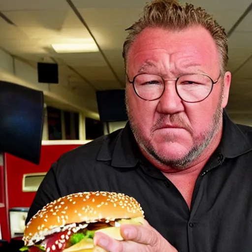 Prompt: Photograph of Ray Winstone working at Burger King