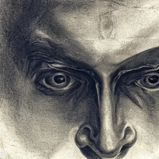 Image similar to Close-up of the angry man, pencil drawing. El Greco, Remedios Varo, Salvador Dali, Carl Gustav Carus, John Atkinson Grimshaw. Blue tint. Symetrical, logo, geometric shapes.