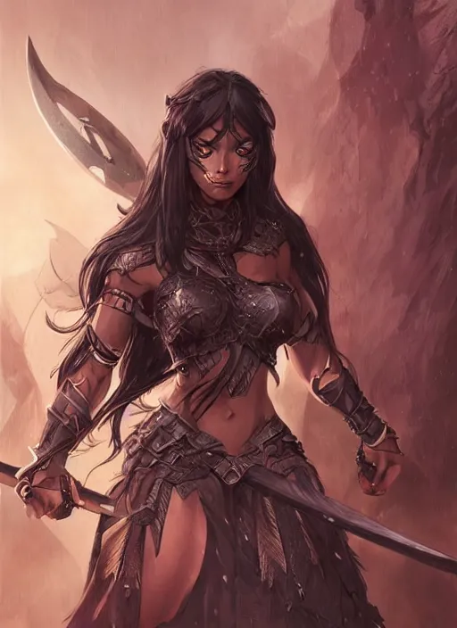 Image similar to beautiful warrior lady, black long hair, practical armor, brown skin, demonic eyes, low fantasy, extremely detailed, sharp focus, smooth, digital illustration, by rossdraws, frank franzzeta, sakimichan