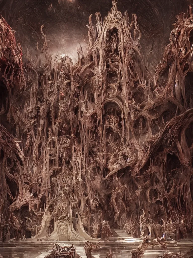 Image similar to matte painting of a huge ivory throne of bones, abominations are kneeling in front of the throne, red tones, highly coherent, ultra realistic, concept art, intricate details, eerie, highly detailed, photorealistic, octane render, 8 k, unreal engine. art by artgerm and greg rutkowski and alphonse mucha