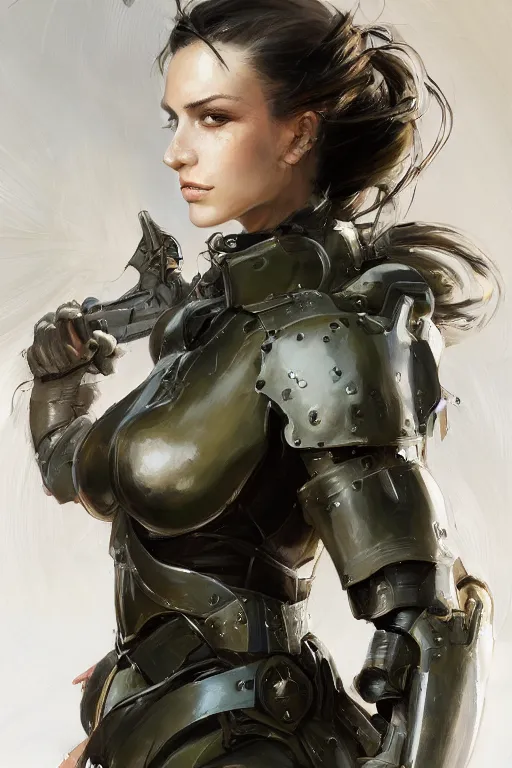 Image similar to a professionally painted portrait of an attractive young woman, clothed in military armor, olive skin, long dark hair, beautiful bone structure, symmetrical facial features, intricate, elegant, digital painting, trending on Artstation, concept art, smooth, sharp focus, illustration, from Metal Gear by Ruan Jia and Mandy Jurgens and Artgerm and William-Adolphe Bouguerea, award winning