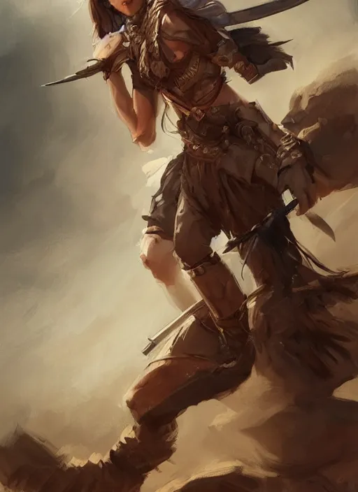 Image similar to beautiful portrait of desert warrior holding a sword, art by krenz cushart, close - up portrait, dynamic pose, upper body, fantasy, digital painting, featured on artstation, highly detailed illustration, intricate, elegant, sharp focus, 4 k