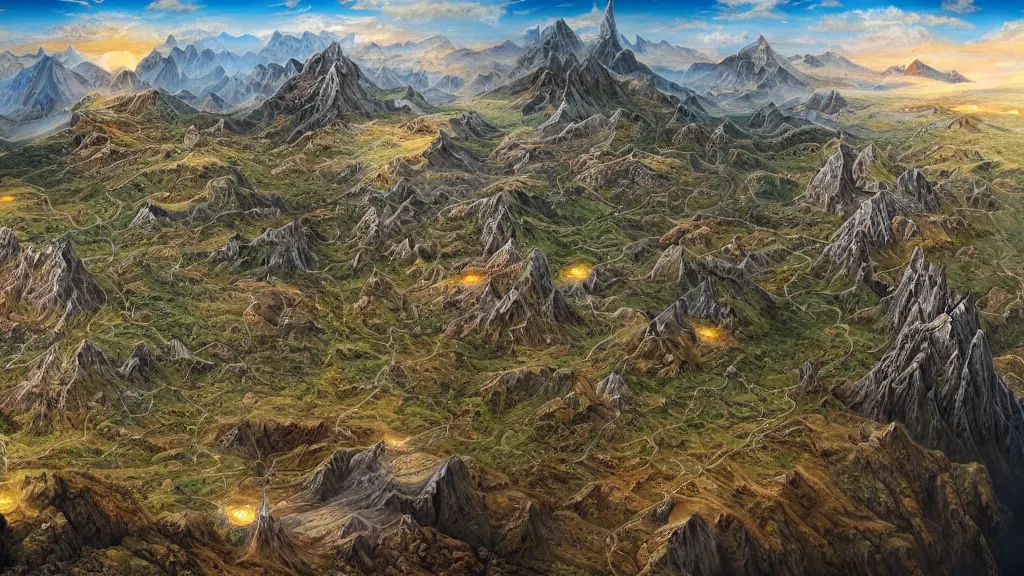 Image similar to surreal map of middle earth in the styles of igor morski, jim warren, and rob gonsalves, intricate, accurate geography, volumetric lighting, serene, imaginative