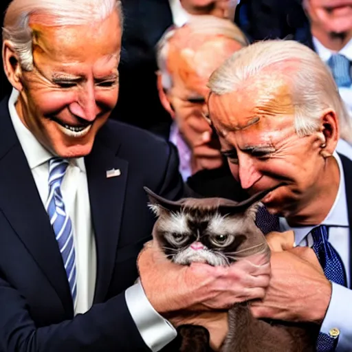 Image similar to grumpy cat being petted by joe biden