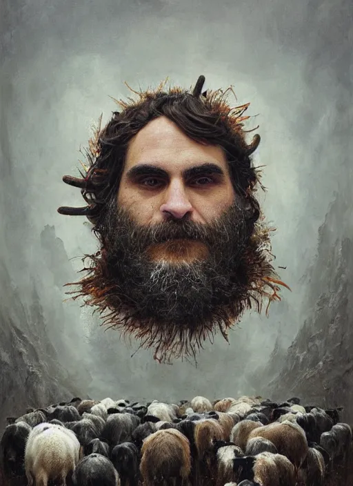 Image similar to a hyper detailed painting of joaquin phoenix surrounded by animals, cow horns, pig nose, sheep wool, chicken feather armor, horror, by anna podedworna, by miklos ligeti, by diego maricato, by taran fiddler, by antonino truisi, by chris reddie, by jinsung lim, trending on artstation