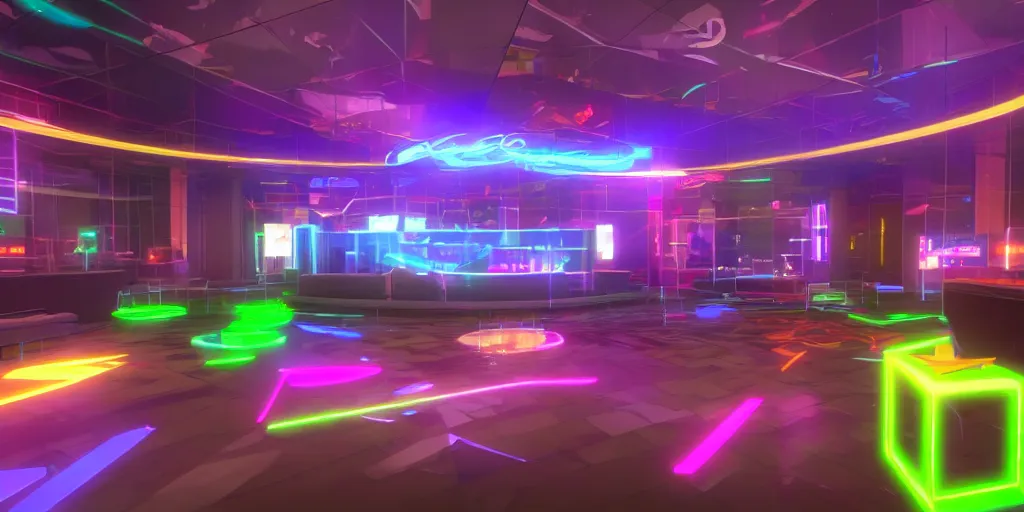 Image similar to VRChat world lobby with neon lighting.