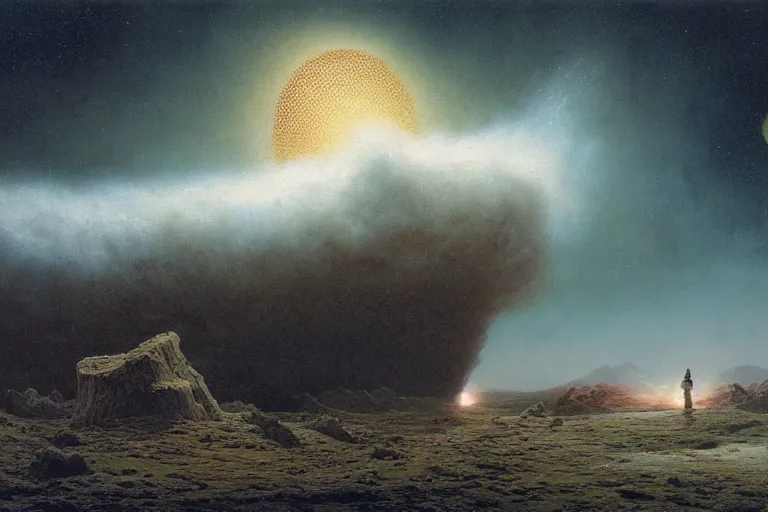 Image similar to A large comet hitting Earth, Les Edwards, Zdzislaw Beksinski, Carl Gustav Carus, John Harris, Michal Karcz, Zhang Kechun, Mikko Lagerstedt, Scott Listfield, Steven Outram, Jessica Rossier