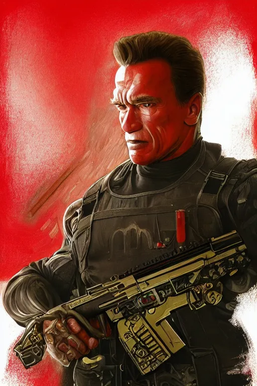 Image similar to beautiful cottagecore arnold schwarzenegger as terminator holding a pump action shotgun, red bionic eye, dark forest, intricate, elegant, highly detailed, digital painting, artstation, concept art, smooth, sharp, focus, illustration, art by artgerm and greg rutkowski and alphonse mucha