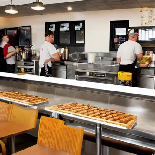Prompt: busy wafflehouse interior with customers eating breakfast and wafflehouse employees serving food and cooking behind countertop that has food on it