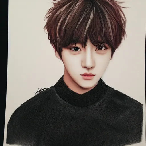 Prompt: Old portrait of Jungkook kpop artist, realistic, face portrait, real life, front view, detailed face, 8k, 50mm focal length