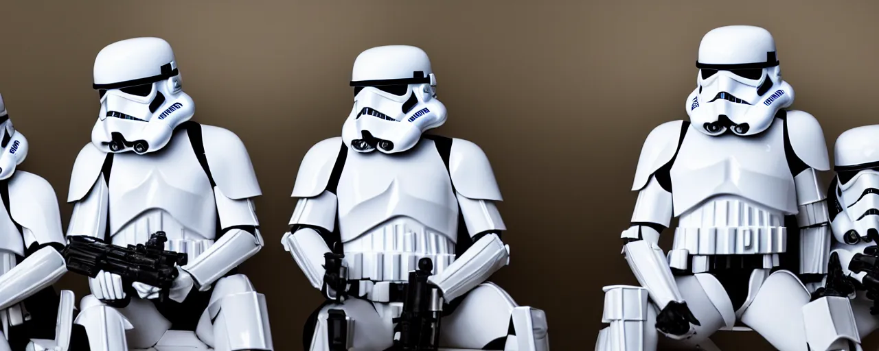 Image similar to Storm troopers chilling in an auditorium, iconic scene from 1980s film by Stanly Kubric, cinematic still frame, portrait photoreal, moody lighting, cinematography, anamorphic lens, kodak color film stock