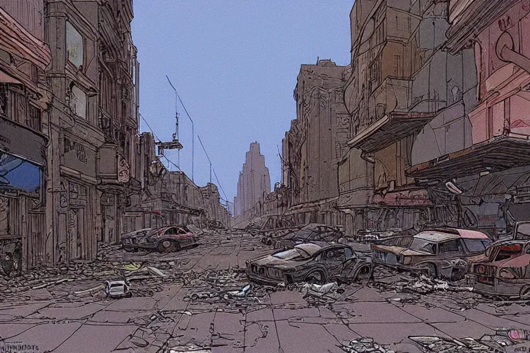 Image similar to a post apocalyptic city street by Moebius