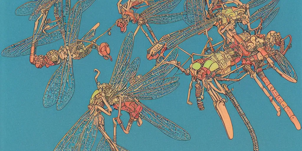 Prompt: gigantic robotic dragonflies with human faces catch tiny robots, a lot of exotic plants around, human heads everywhere, risograph by kawase hasui, edward hopper, satoshi kon and moebius, no text!, colorful flat surreal design, super - detailed, a lot of tiny details, fullshot