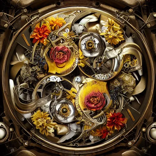 Prompt: a beautiful intricate fine art portrait photo of a mechanical industrial steampunk cybernetic yin yang symbol, overgrown with colorful flowers and leaves by tom bagshaw and sean archer, golden ratio composition, studio lighting, 50mm lens, very detailed, bionic, cybernetic scifi, deep depth of field, artstation, 8K, highly coherent