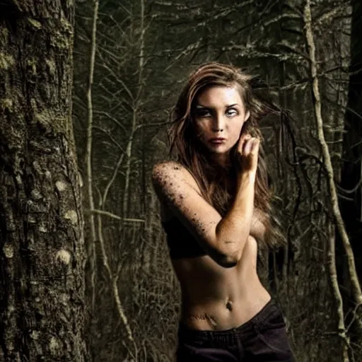 Prompt: photo of a beautiful woman partially transforming into a werewolf, in the moonlit forest. physiological transformation ; hybrid creature. highly - detailed ; photorealistic.