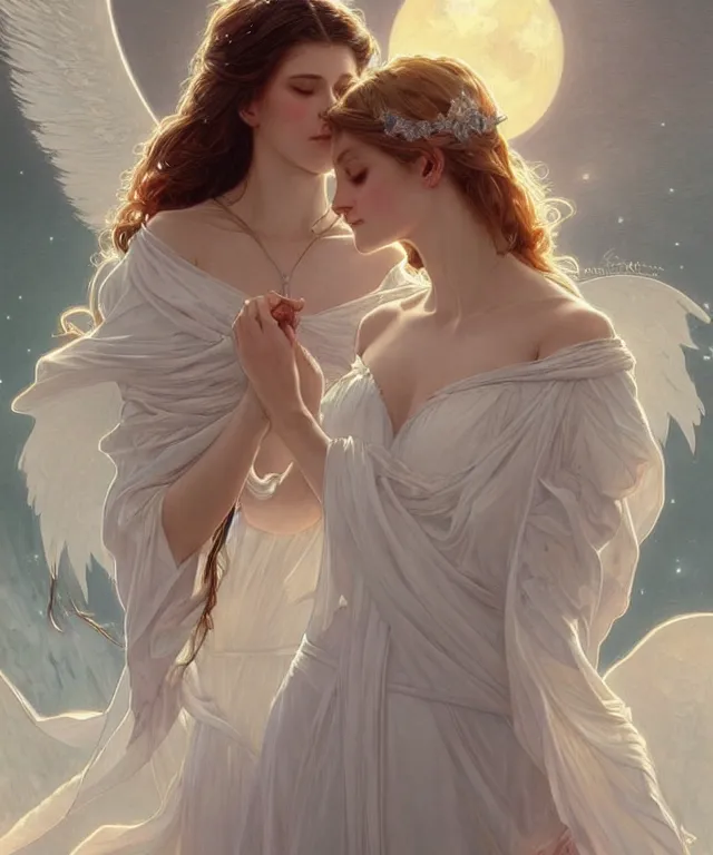 Image similar to Angels in white gauze dresses, the glow of the moonlight, fantasy, intricate, elegant, highly detailed, digital painting, artstation, concept art, matte, sharp focus, illustration, art by Artgerm and Greg Rutkowski and Alphonse Mucha, trending on instagram