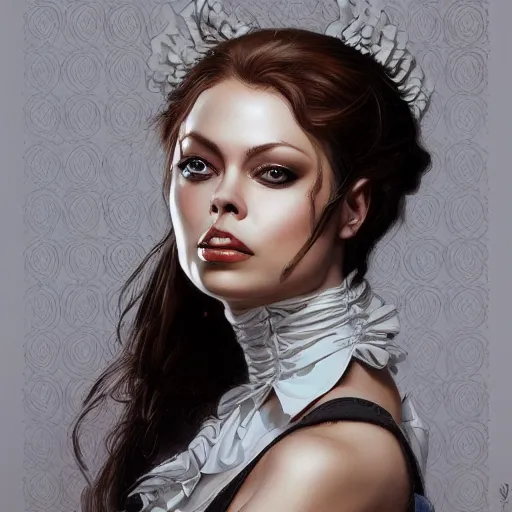 Prompt: a portrait of ornella muti as a french maid, urban motifs, intricate, elegant, highly detailed, digital painting, trending on artstation, concept art, smooth sharp focus, illustration, art by artgerm and greg rutkowski