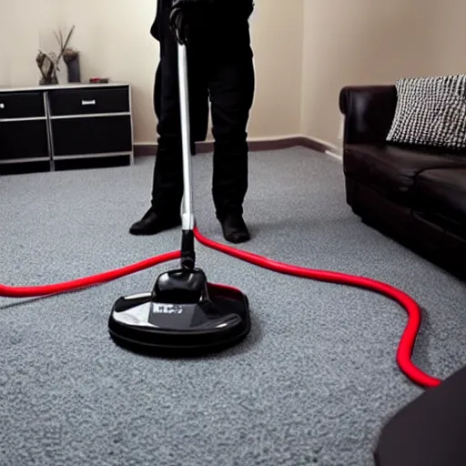 Image similar to a photo of darth vader vacuuming the carpet