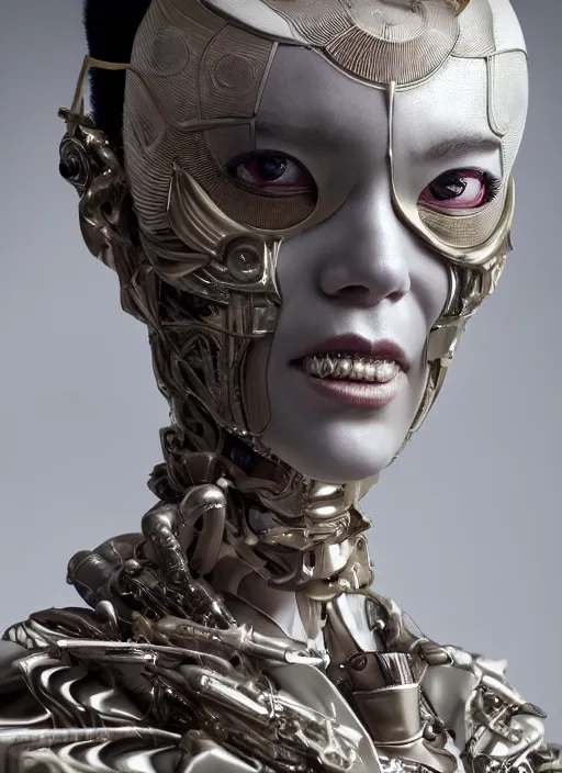 Image similar to close up portrait of a futuristic geisha cyborg, in the style of ghost in the shell, kintsugi, modern fine art, fractal, intricate, elegant, highly detailed, digital photography, subsurface scattering, by erwin olaf and greg rutkowski,