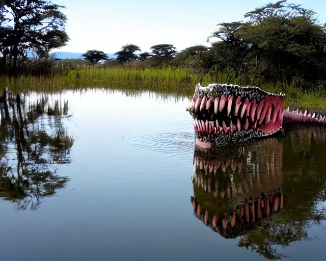 Prompt: wise zulu elder has a sharp line of teeth. my teeth are sharp. there is a lake in the foreground with water reflections.