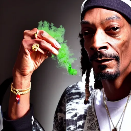 Image similar to Snoop Dogg is holding a joint that has green smoke coming out of it while he is sitting in a studio and doing a podcast.