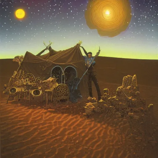 Image similar to desert, night, stars, tabernacle, camp around painted by richard corben