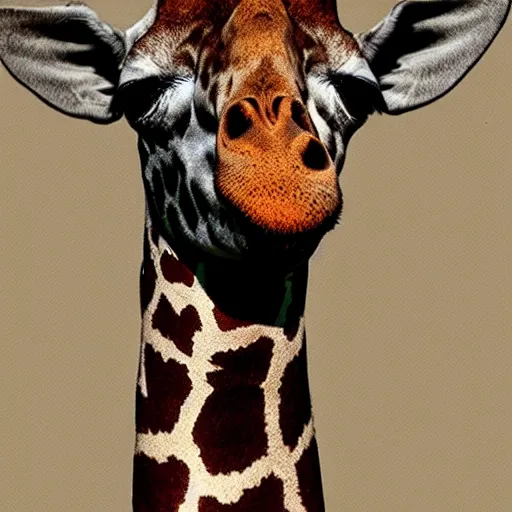 Prompt: photo of a giraffe wearing a red tie on its neck