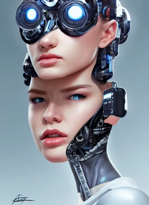 Image similar to portrait of a cyborg woman who turns her head to the ((((((right))))) left+20 (((((up))))) (((((down))))) by Artgerm,eyes closed , biomechanical, hyper detailled, trending on artstation