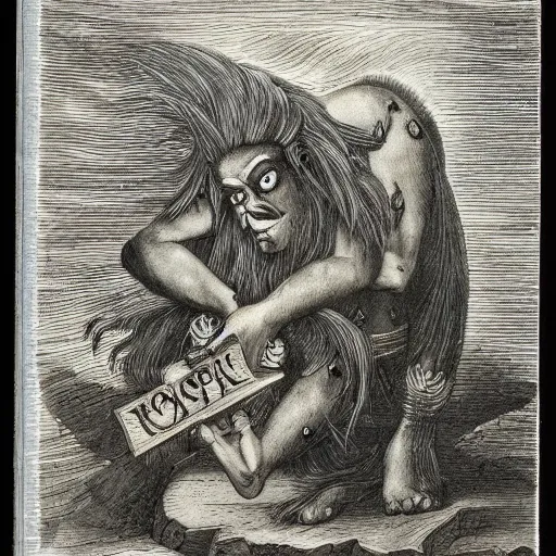 Image similar to troll, fantasy, engraving, old book