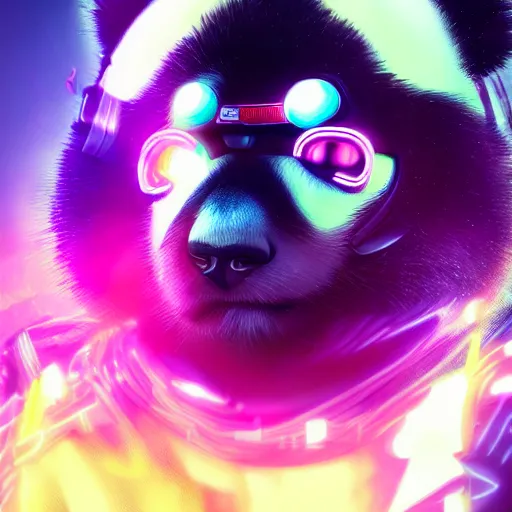 Image similar to cyberpunk panda, neon, stylized, artgerm, artstation, hd, cgsociety, cgi, realistic, dramatic, cinematic, artistic, trending, detailed