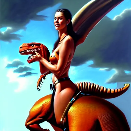 Image similar to portrait of an amazon girl riding a dinosaur, painted by stanley artgerm, boris vallejo, fantasy art, sleek curves, sharp focus, trending on artstation hq, deviantart