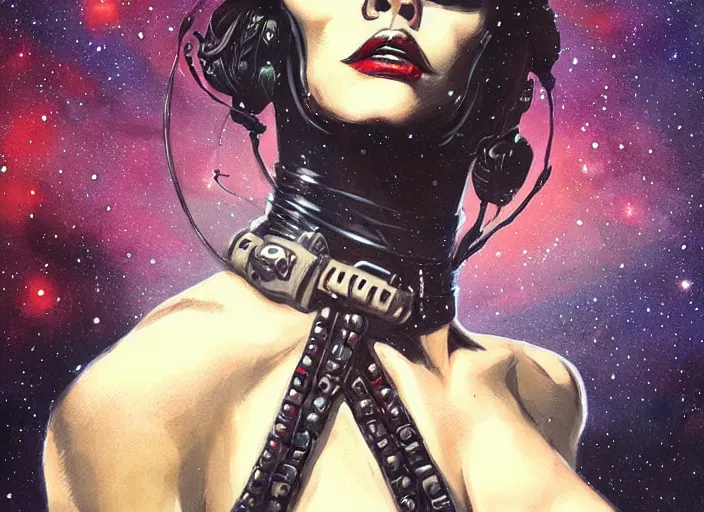 Image similar to portrait of female space pirate, night sky background, beautiful! coherent! by brom, deep color, strong line, high contrast