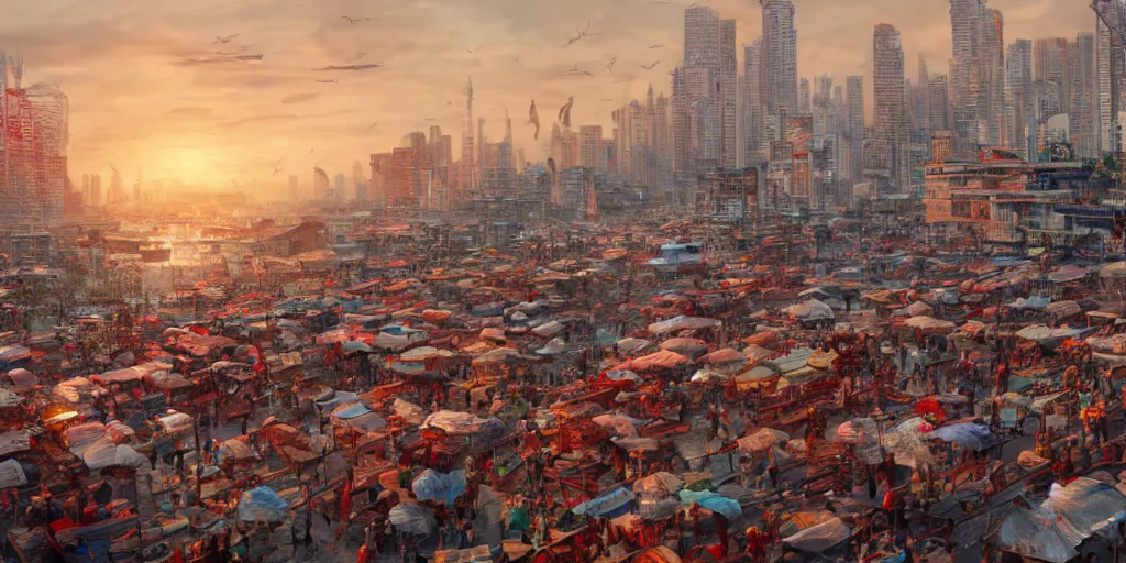 Prompt: beautiful panoramic, very busy indonesian fish market streching into the horizon, wallpaper, digital art, photorealistic, epic, trending on artstation, intricate, highly detailed, red color scheme