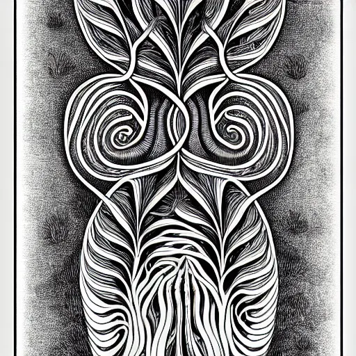 Image similar to a black and white drawing of some plants, an illustration of by ernst haeckel, behance contest winner, generative art, biomorphic, lovecraftian, intricate patterns