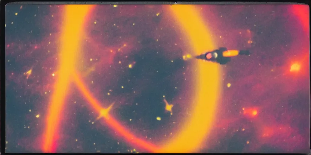 Image similar to polaroid photo of red rocket flying through space, multiple orange yellow purple galaxies visible, slight color bleed, lens flare