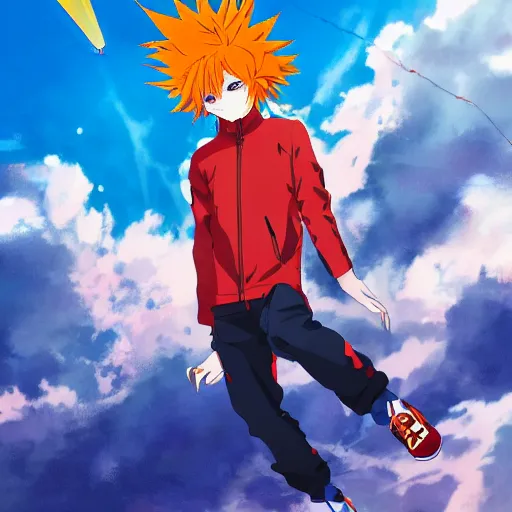 Image similar to orange - haired anime boy, 1 7 - year - old anime boy with wild spiky hair, wearing red jacket, flying through sky, ultra - high jump, late evening, blue hour, cirrus clouds, pearly sky, ultra - realistic, sharp details, subsurface scattering, blue sunshine, intricate details, hd anime, 2 0 1 9 anime